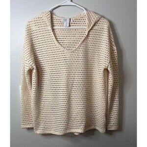 C+C California Women’s Small SunWashed Terry Hooded Open Knit Nautical Cream Top